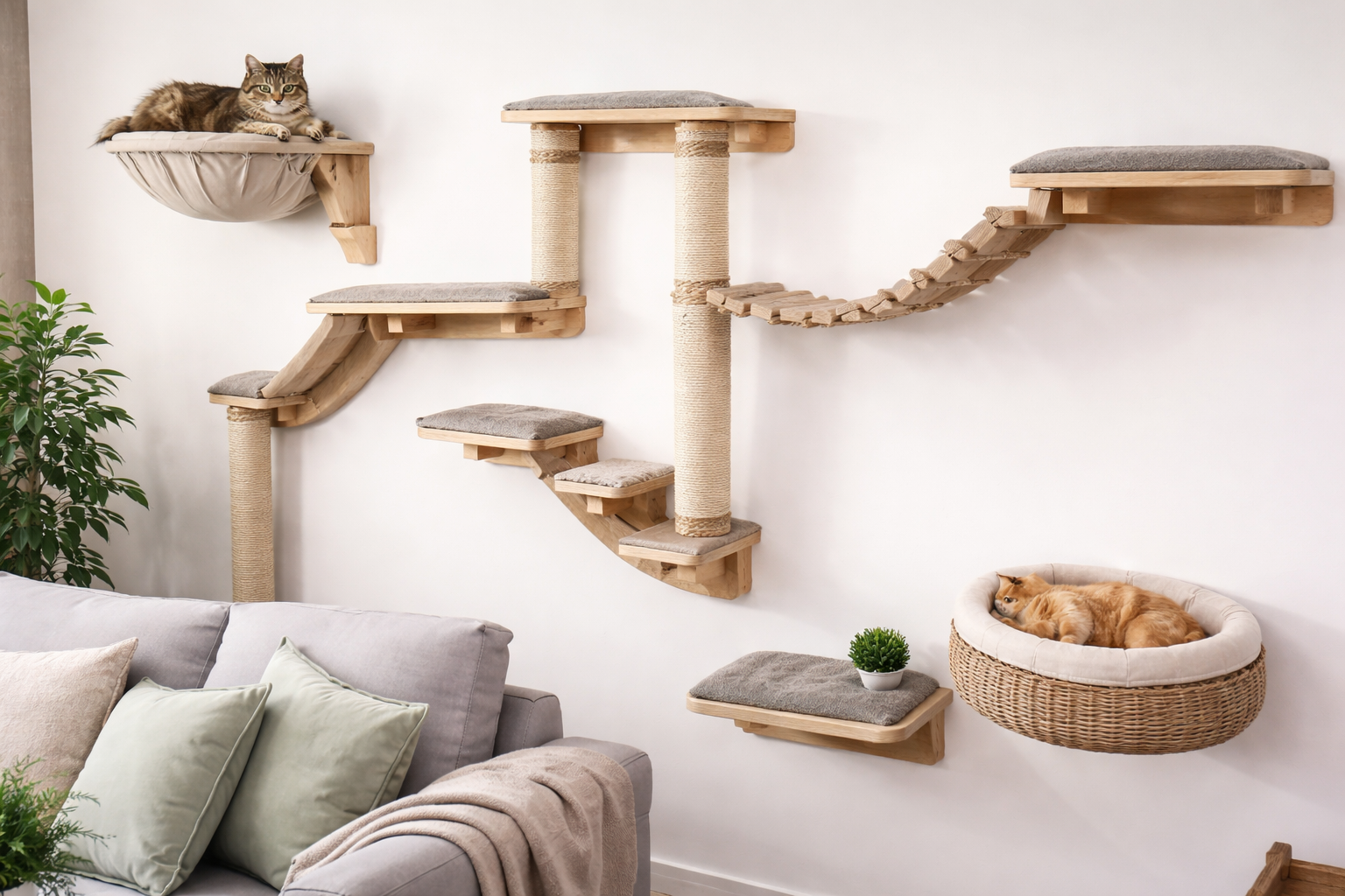 Gezellige woonkamer met klimwand voor katten, wandplanken, sisalpalen en hangmatten aan de muur bij Bopets