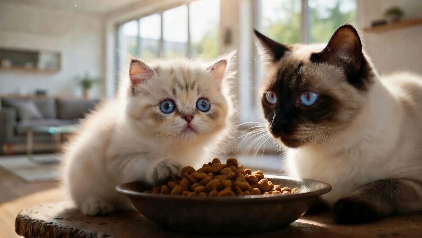 Kat eet droogvoer met haar kitten, gezonde voeding voor elk levensstadium